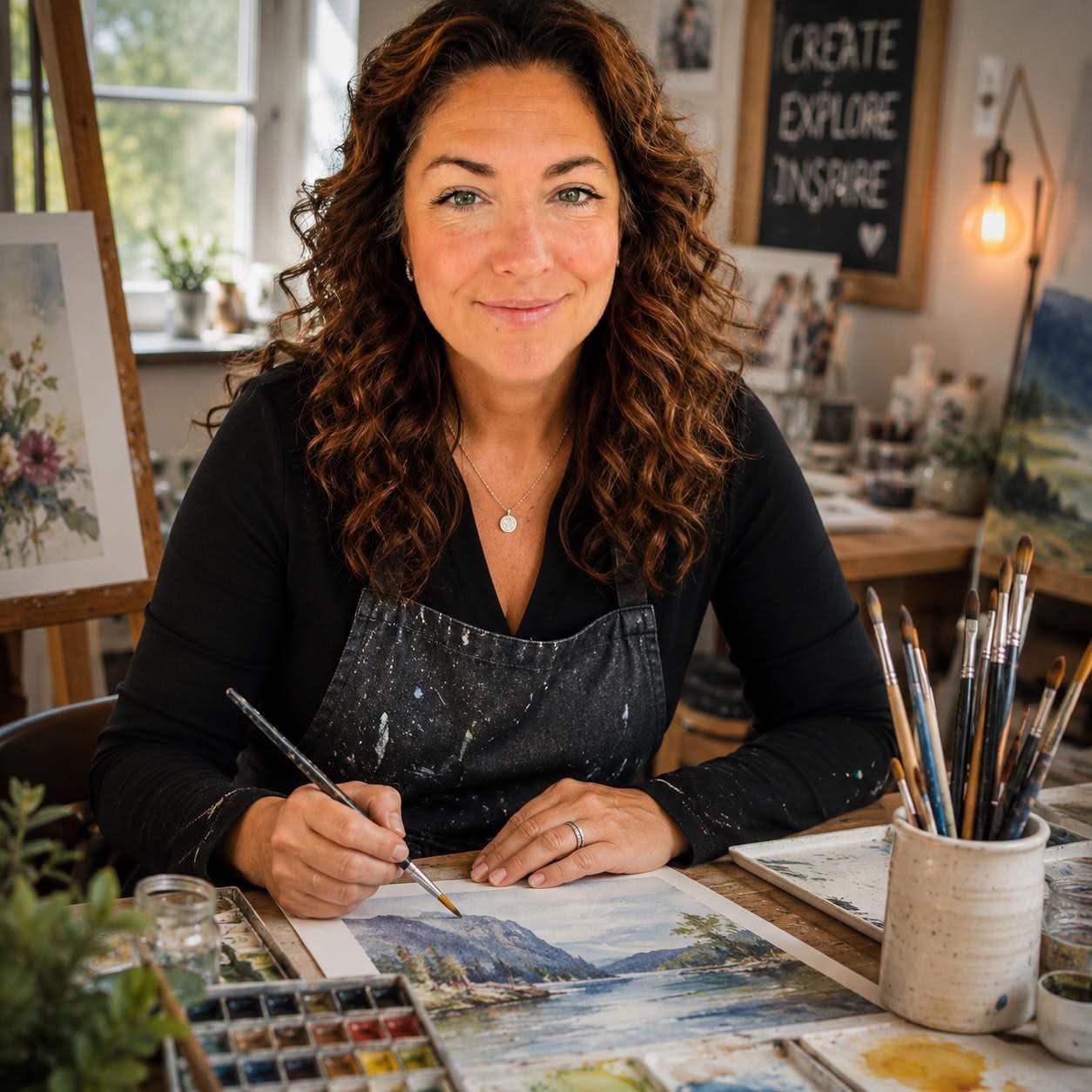 Serenity K. Kashuba painting at her desk in a sunlit studio