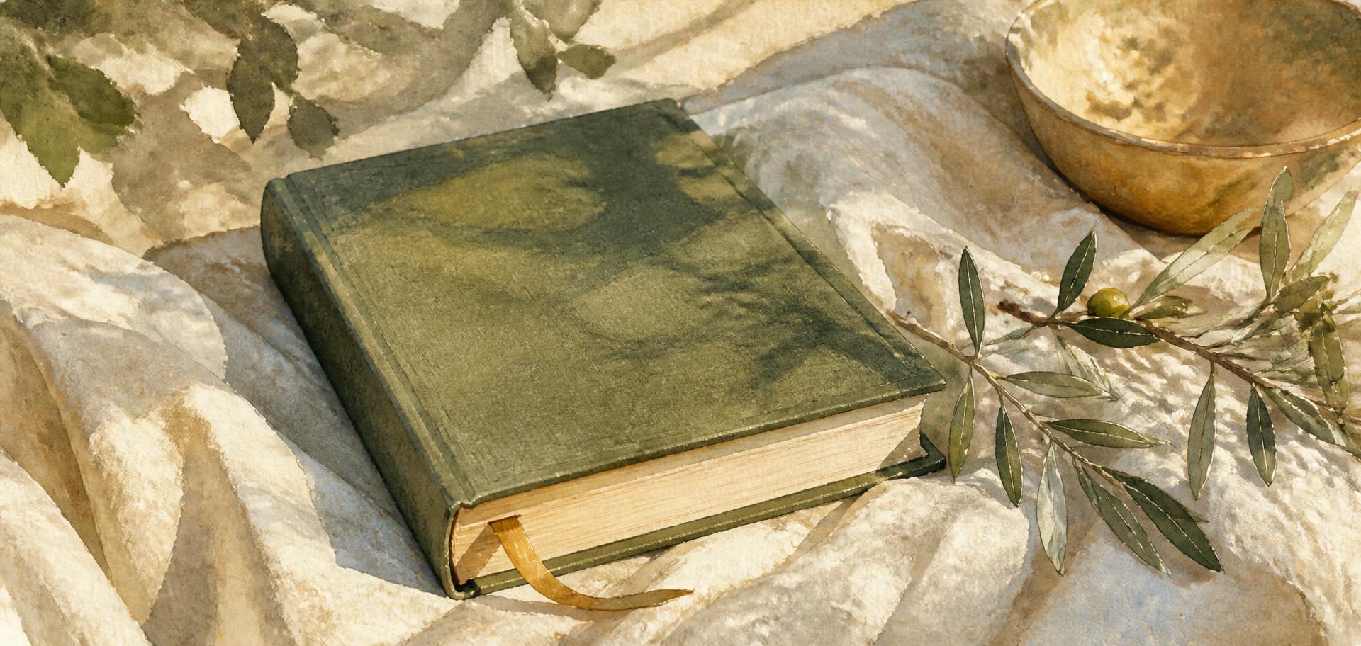 Watercolour painting of a cloth-bound book of poetry resting on linen beside an olive branch in morning light