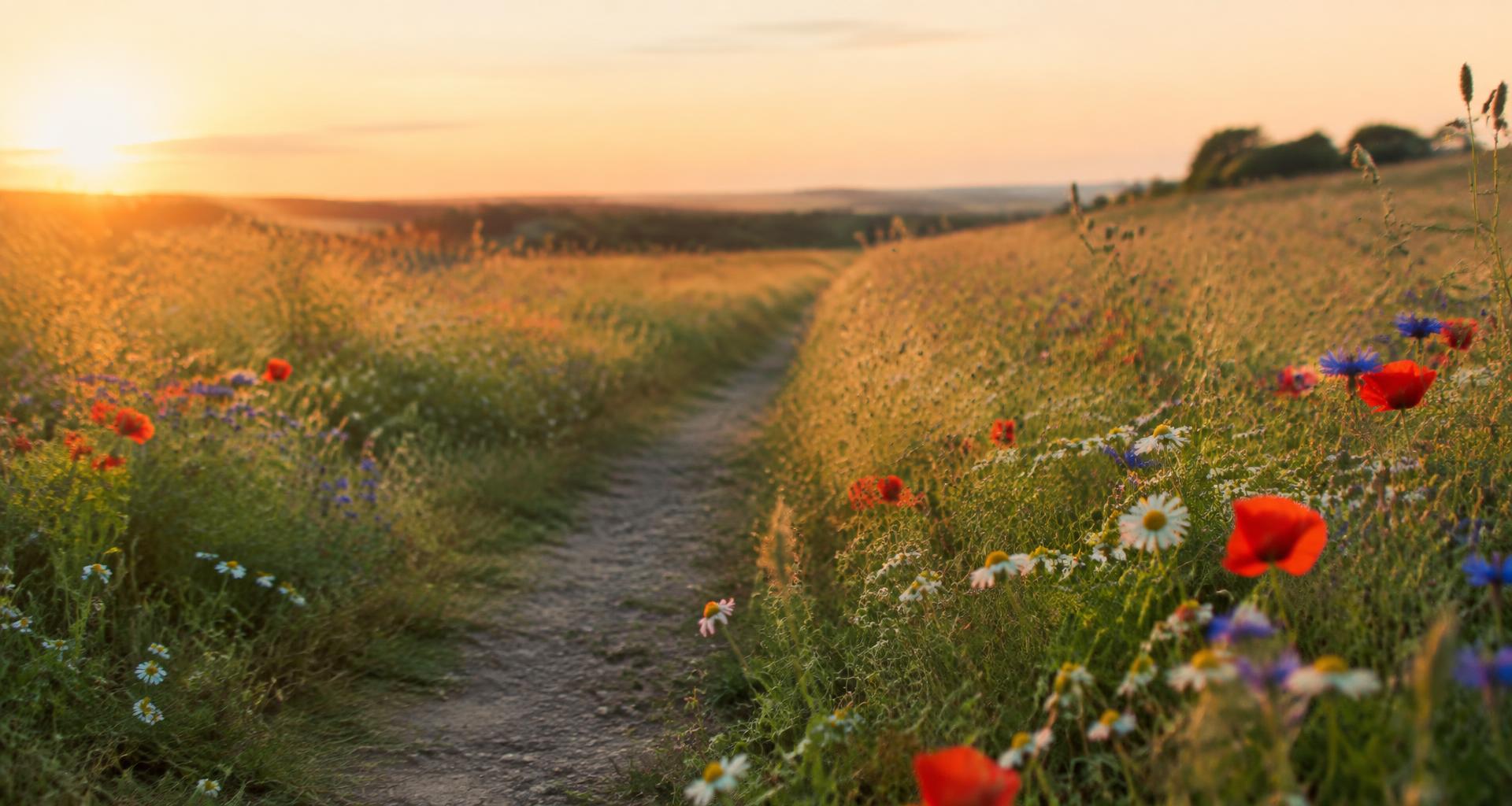 Photograph of a sunlit path winding through a peaceful field of wildflowers at golden hour