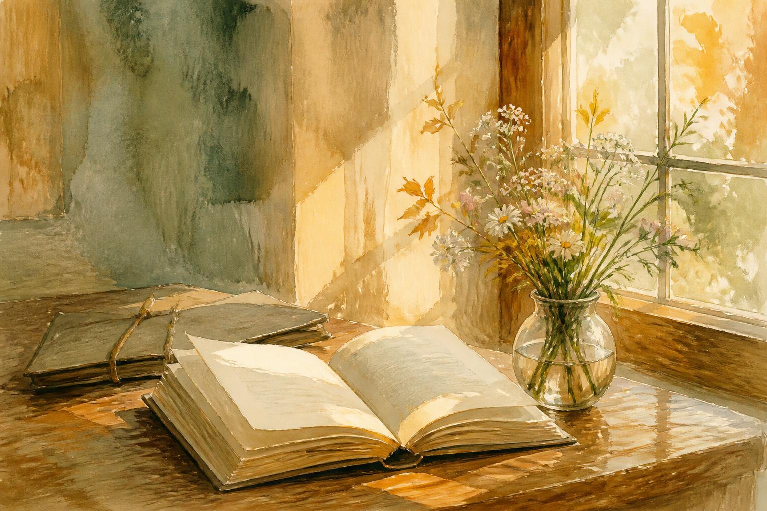Watercolour painting of an open book of poetry on a wooden table beside wildflowers in warm window light