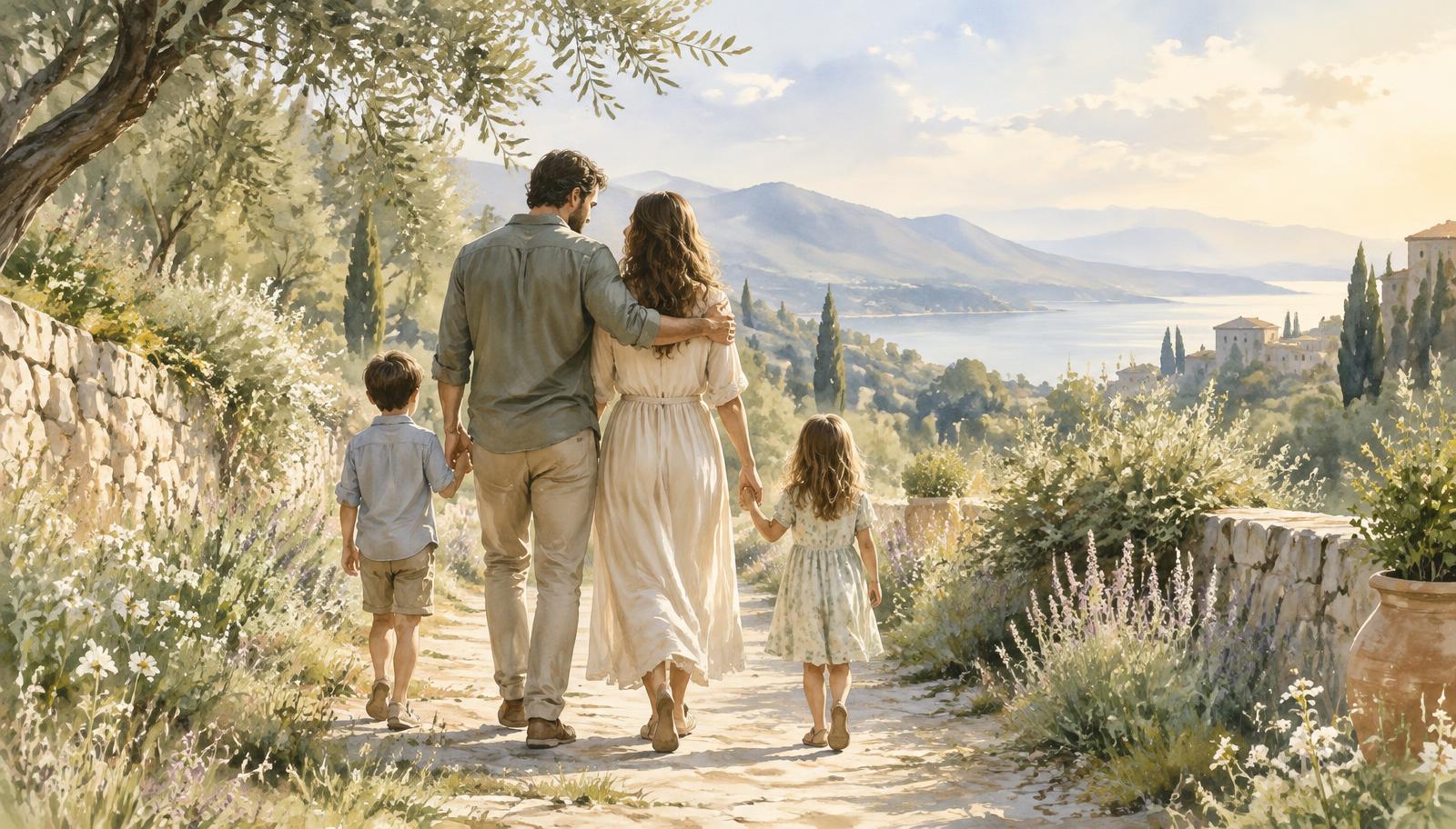 Watercolour painting of a mother and father walking together with their two children along a sunlit garden path
