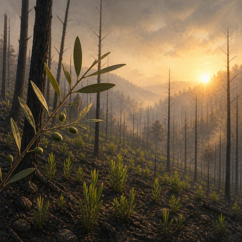 New green shoots rising from a fire-blackened forest floor at dawn, an olive branch in the foreground