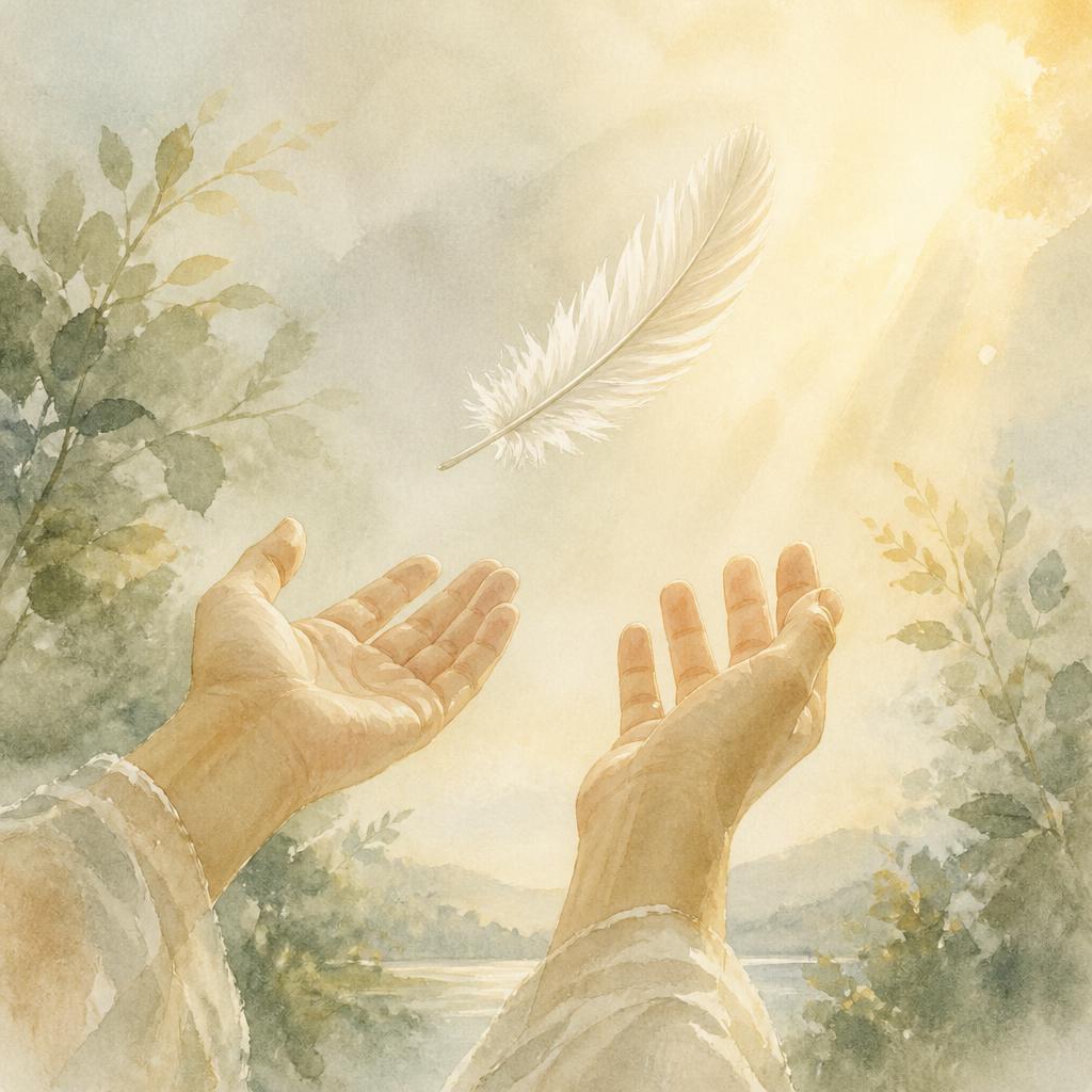 Open hands releasing a white feather into soft morning light, a gentle image of surrender and letting go